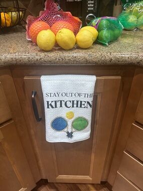 Stay Out of the Kitchen Tea Towel - White with Blue & Green Paddles